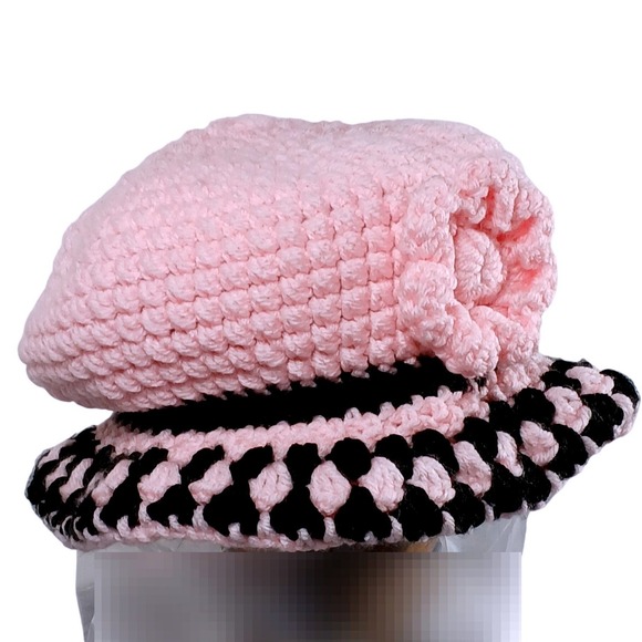 Handmade Crochet Flower Bucket Hat OS Pink Black Coquette Y2K Scalloped Brim - Picture 8 of 10